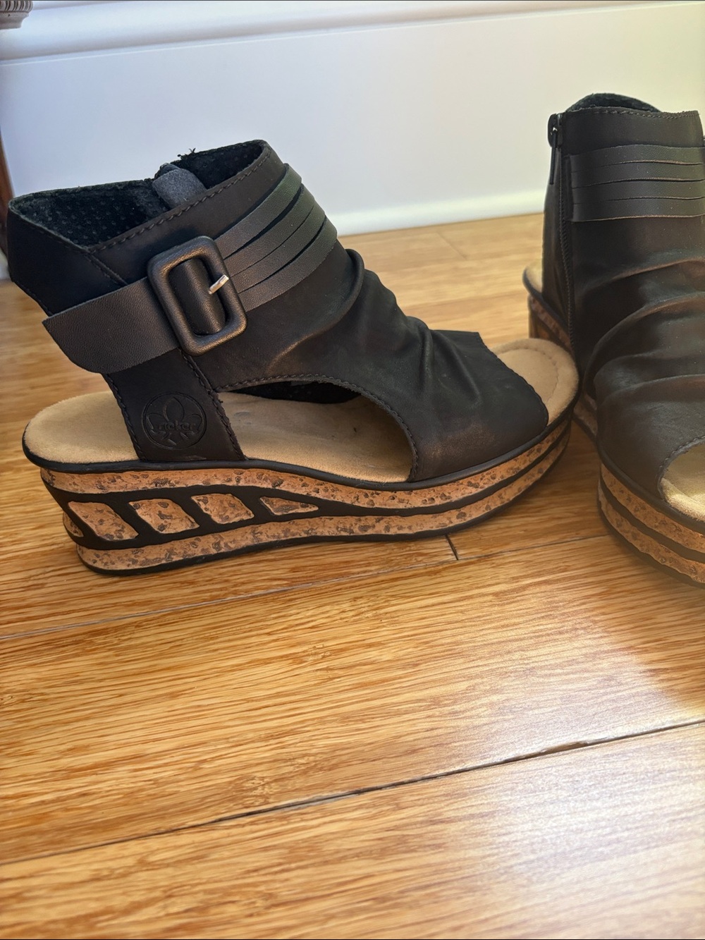Rieker Black Open-Toe Cork-Detail Wedge Sandals